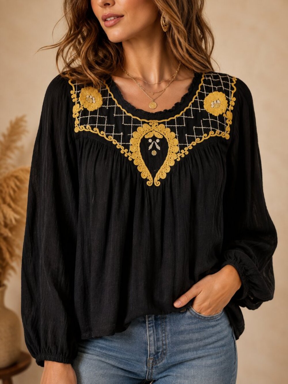 Free People Begonia Embroidered Peasant Top Black Gold NWT Medium
